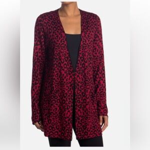 JOSEPH A Red Black Modern Leopard Lightweight Double-Knit Long Cardigan